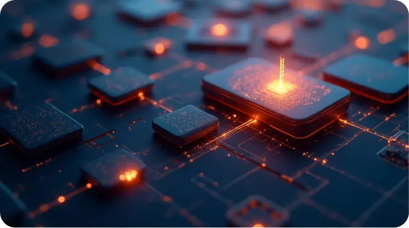Abstract visual of layered modular cloud systems with orange change notification indicators.
