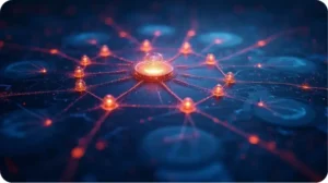 Centralized compliance system visualization with glowing AI-driven connections and cloud data pathways