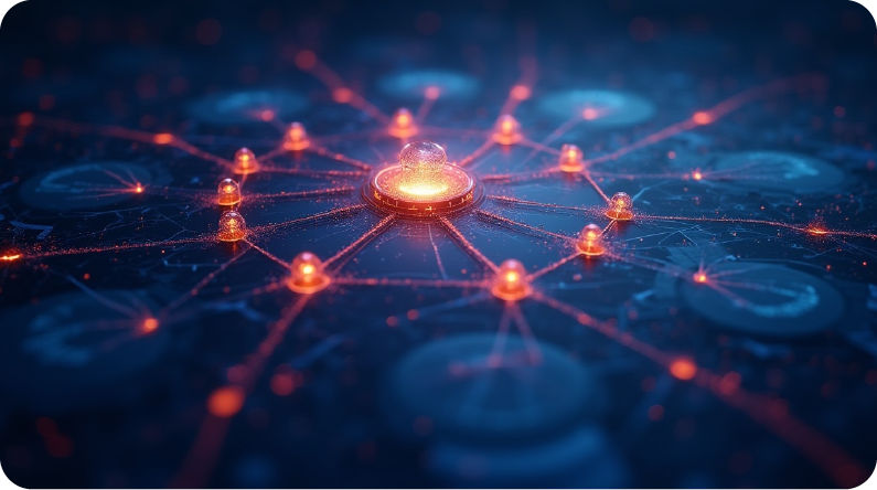 Centralized compliance system visualization with glowing AI-driven connections and cloud data pathways